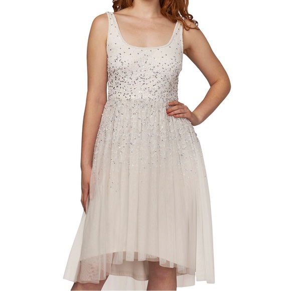 🌺 Adrianna Papell Beaded Shirred Mesh Dress With Sequins - Picture 2 of 9